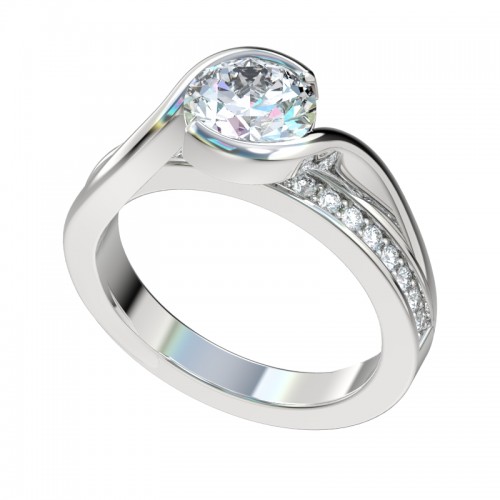 Silver Bypass Engagement Ring with Bezel Center